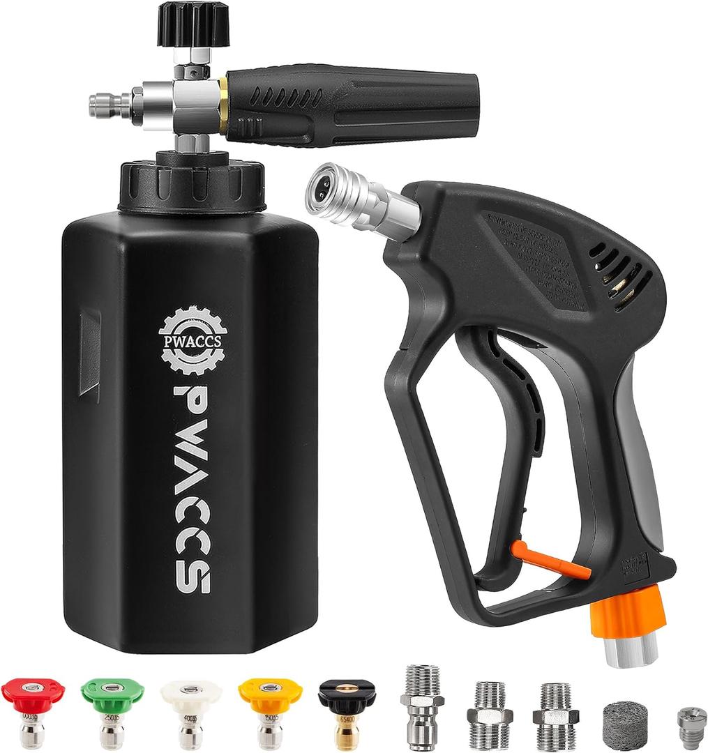 PWACCS Pressure Washer Gun with Foam Cannon, Short Pressure Washer Gun with Swivel, Foam Cannon for Car Wash Foam Gun Kit with 1/4" Quick Connector, 5 Pressure Washer Nozzle Tips, 1.5 Liter, 5000 PSI