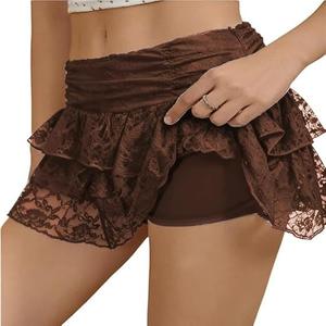 Women’s Lace Mini Skirt, Y2K Lace Ruffle Layered Skirt with Shorts, A-Line Cute Tired Skorts, High Waist Cake Skirt, Size: L