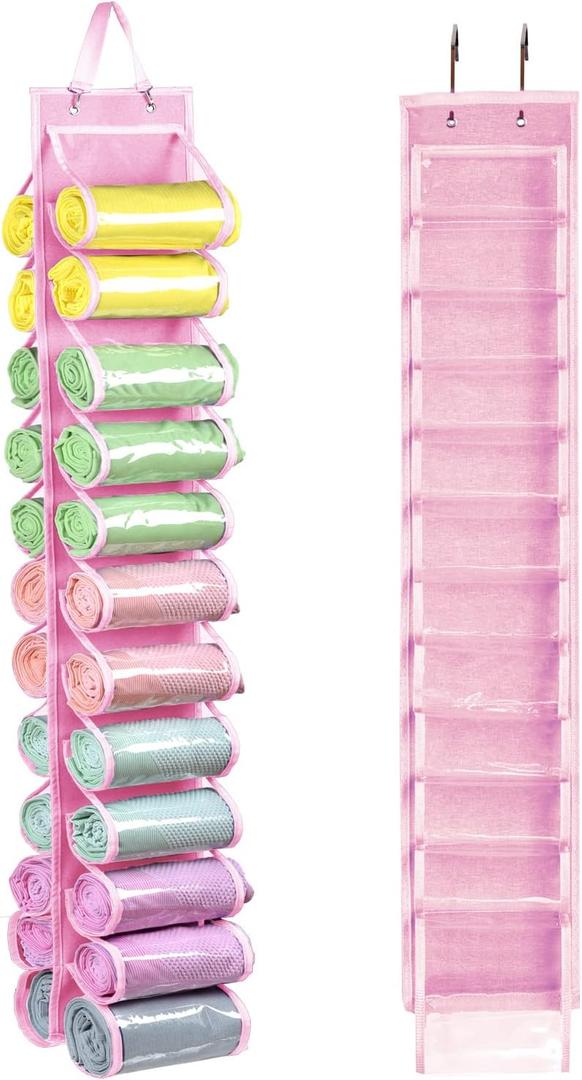 Legging Storage Bag Storage Hanger Can Holds 24 Leggings or Shirts Jeans Compartment Storage Hanger, Foldable Leggings Organizer Clothes Portable Closets Roll Holder (Pink)