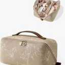 EACHY Travel Makeup Bag,Large Capacity Cosmetic Bags for Women,Waterproof Portable Pouch Open Flat Toiletry Bag Pattern Makeup Bag (F-Brown-Large)