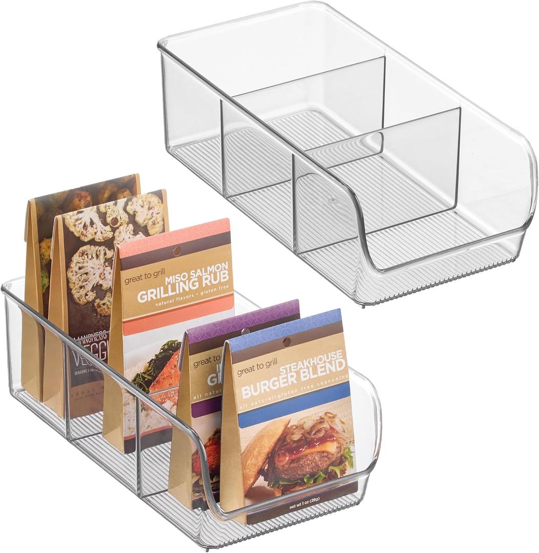 iDesign Stackable 3-Section Divided Storage Bin for Pantry, Fridge, or Cabinet - Set of 2 - Clear