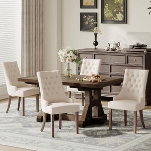 COLAMY Fabric Side Dining Chairs Set of 4, Wingback Upholstered Dining Room Chairs with Tufted Button, Living Room Chairs for Home Kitchen, Beige