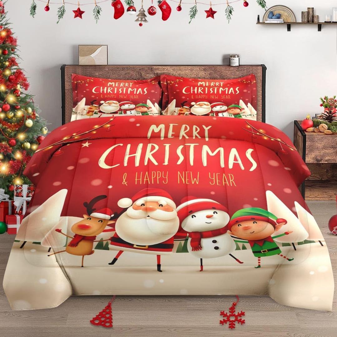 Queen Size Comforter Set with 2 Pillowcases, Happy Merry Christmas Santa Claus Soft 3 Pcs Bedding for Kids and Adults Bedroom Bed Decor