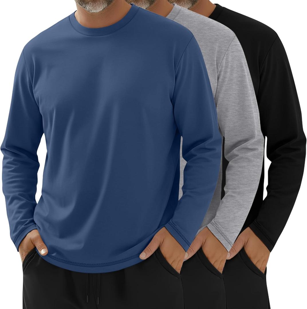 Velvelhall 3 Pack Men's Big and Tall T-Shirts, Crew Neck Cotton Shirts Long Sleeve Casual Tees Slit Hem Fall Basic Tops (XX-Large, Black, Light Gray, Haze Blue)