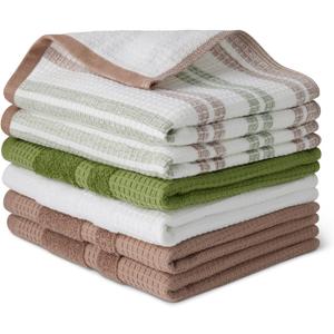 Amazon Basics Organic Cotton Waffle Kitchen Dish Towels - Ultra Absorbent, Quick Drying, Lint-Free, 15 x 25 inches, 6-Pack (2pc Olive Light/Brown Strip, 2pc Brown, 1pc Olive, 1pc White)