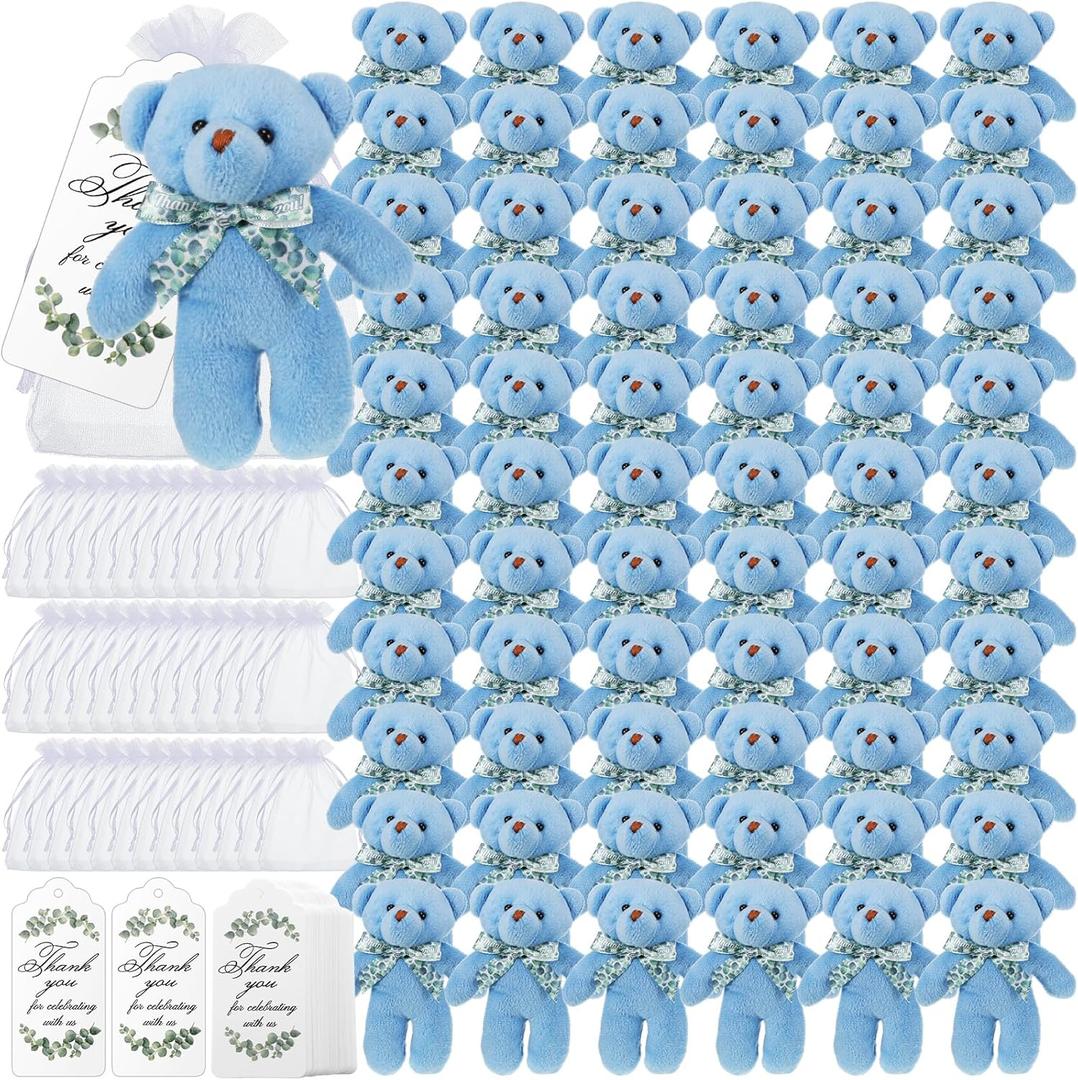 Wettarn 50 Sets Small Tiny Plush Bear Bulk 4.72 Inch Mini Stuffed Animals Small Bear Party Favors with Thank You Tags and Mesh Bags for DIY Keychain Birthday(Blue)