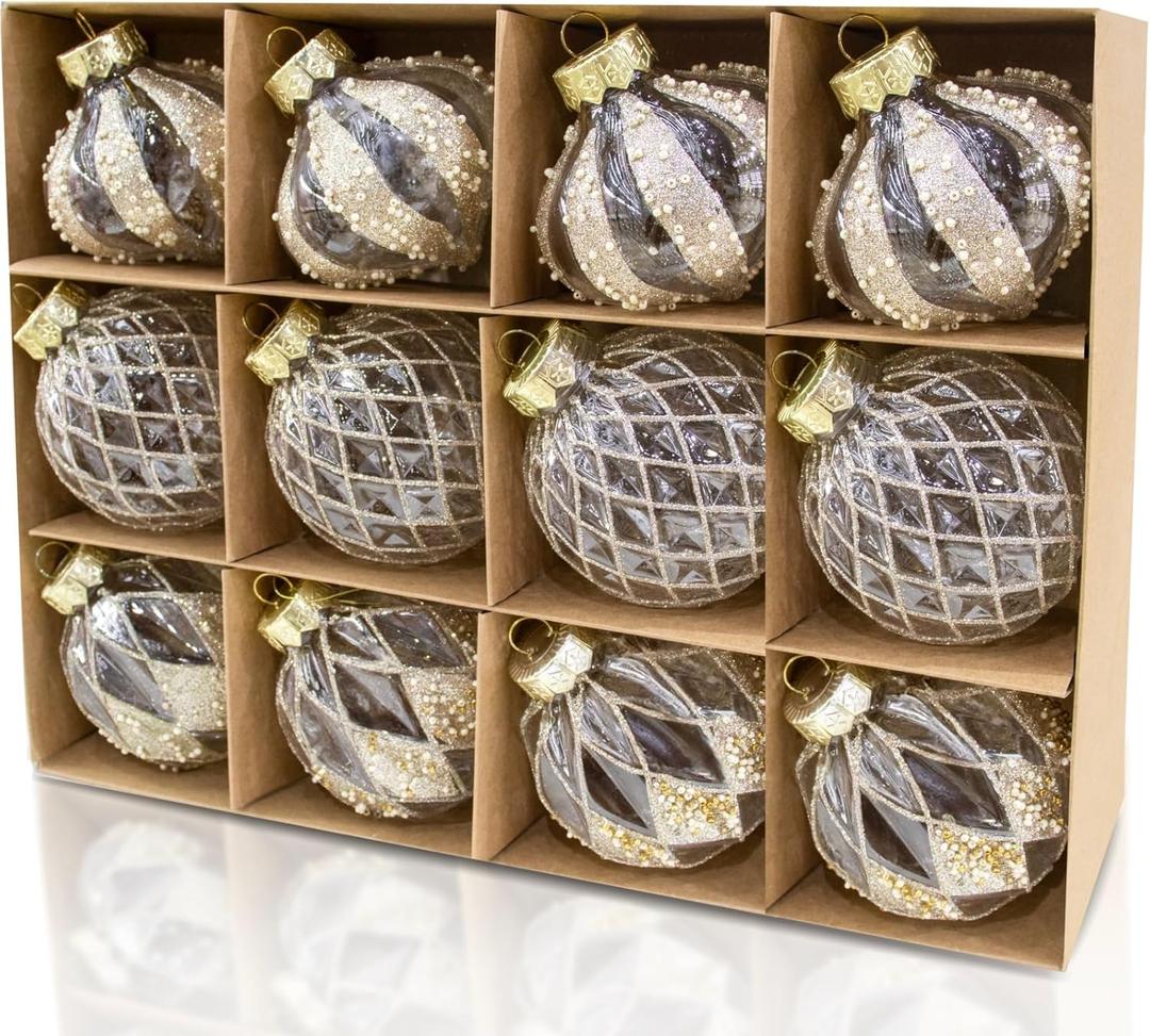 12 PCS Clear and Champagne Christmas Ball Ornaments, 80mm/3.15 Inches Rustic Farmhouse Christmas Decorations, Large Shatterproof Luxury Hand-Painted Xmas Ornaments for Christmas Tree, Wedding