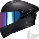 Modular Motorcycle Helmet Dual Visor Flip Up Full Face Helmets SJ-809 DOT Approved for Adults Men Women (Matte Black-Rainbow Visor, L)