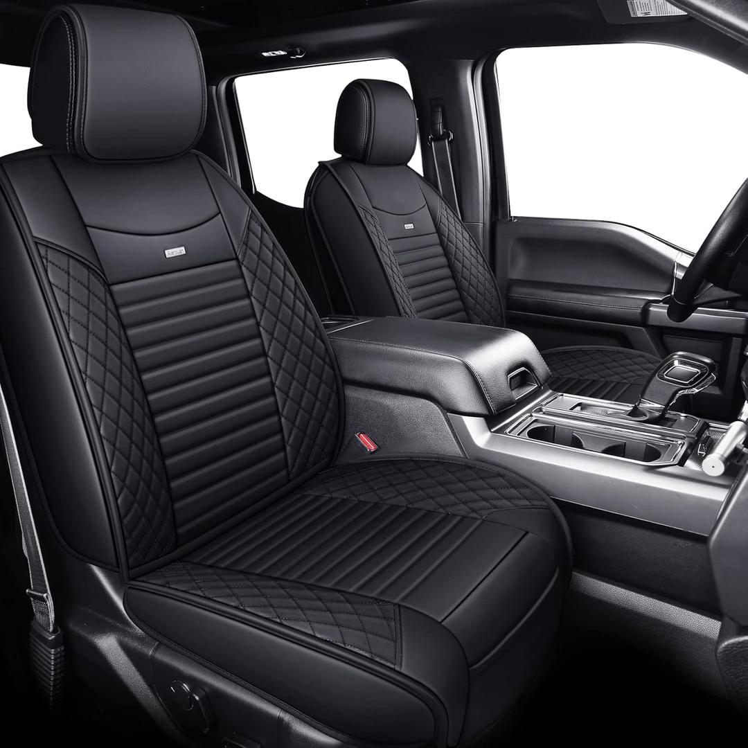 Seat Covers for Ford F150 2009-2025 Truck Pickup Supercrew Cab XLT Lariat King Ranch Platinum Raptor Custom Fit 2017-2025 F250 F350 F450, Waterproof Leather (Full Set, Black)