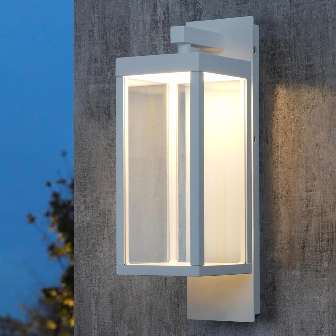 Lustrlach Dusk to Dawn LED Outdoor Wall Light Fixture White Exterior Porch Light with Photocell and Glass IP54 Waterproof Modern Wall Sconce for House Garage Outside Entryway Garden,3000K,15IN,750LM