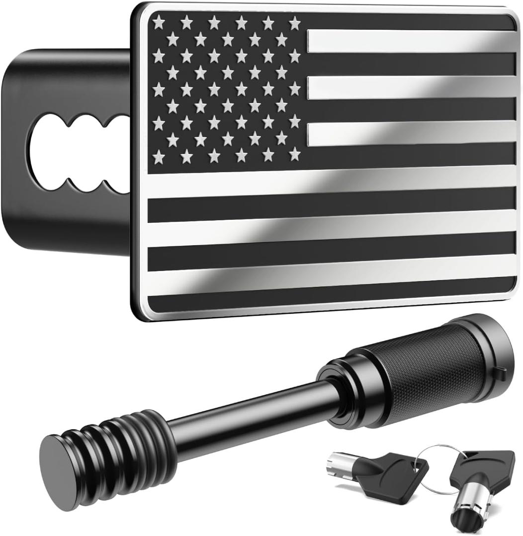 Heavy American Flag Metal Trailer Hitch Cover for 2 inch Receivers, Tow Hitch Covers 2 Inch for Truck Accessories with 5/8-Inch Pin Diameter Trailer Hitch Lock, Black and White