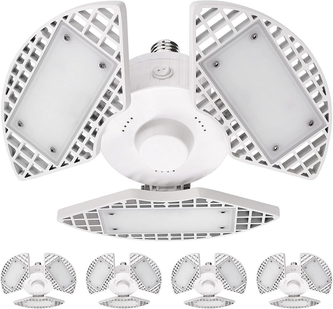4-Pack LED Garage Light 80W, 8000 Lumens, Deformable LED Garage, 5000K Bright White, Adjustable 3 Panel Light, E26 Screw in Base, Damp Rated, ETL Listed