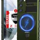 for Samsung Galaxy S21 Case Magnetic Compatible with Wireless Charging,with Screen Protector,Galaxy S21 Case Built-in Kickstand Ring,Camera Protection Military Grade Drop Shockproof Green