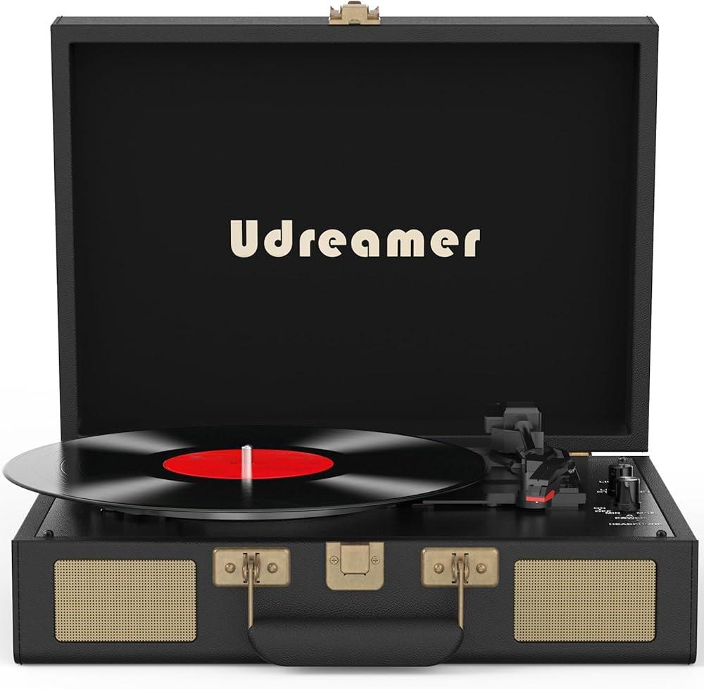 Vinyl Record Player Suitcase with Built-in Speakers, Portable Turntable with RCA, Line in,Bluetooth and Headphone Jack for Records, Vintage LP Player in PU Leather Black