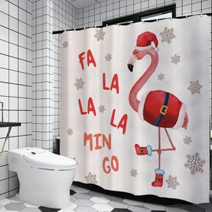 GPGHE Flamingo Christmas Decorations Funny Shower Curtain Flamingo Holiday Bath Curtain Decor with 12 Hooks 71x71 Inch