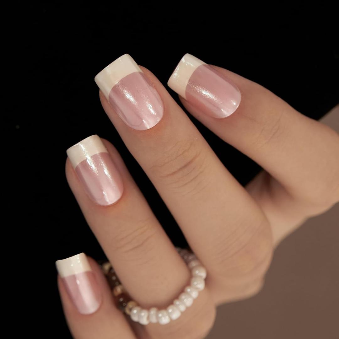CurvLife Square French Press on Nails Medium Acrylic Fake Nails with Medium Hanley French Design Full Cover False Nails Tips for Women Reusable Nail Kit