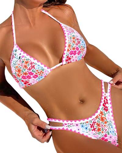 Jolefille Thong Bikini Sets for Women Two Piece Swimsuit Floral Sexy Bathing Suit Triangle Top Modest Swim Suits 2026 Teens, Size Medium