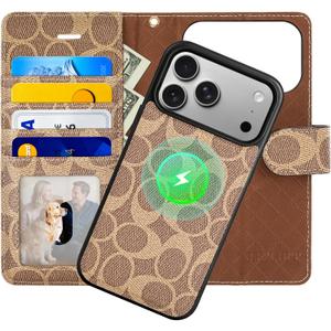 Magnetic Detachable Wallet Case for iPhone 17 Pro Max, Luxury PU Leather with Card Slots, Kickstand, Wrist Strap, MagSafe Compatible, 6.9-Inch, Khaki