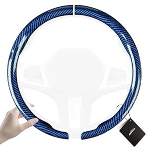 Aimato Carbon Fiber Steering Wheel Cover 2 Piece Non-Slip Clip on Steering Wheel Cover, Ultra-Thin Breathable, Universal Fit 14.5"-15" Wheel, Bright Blue