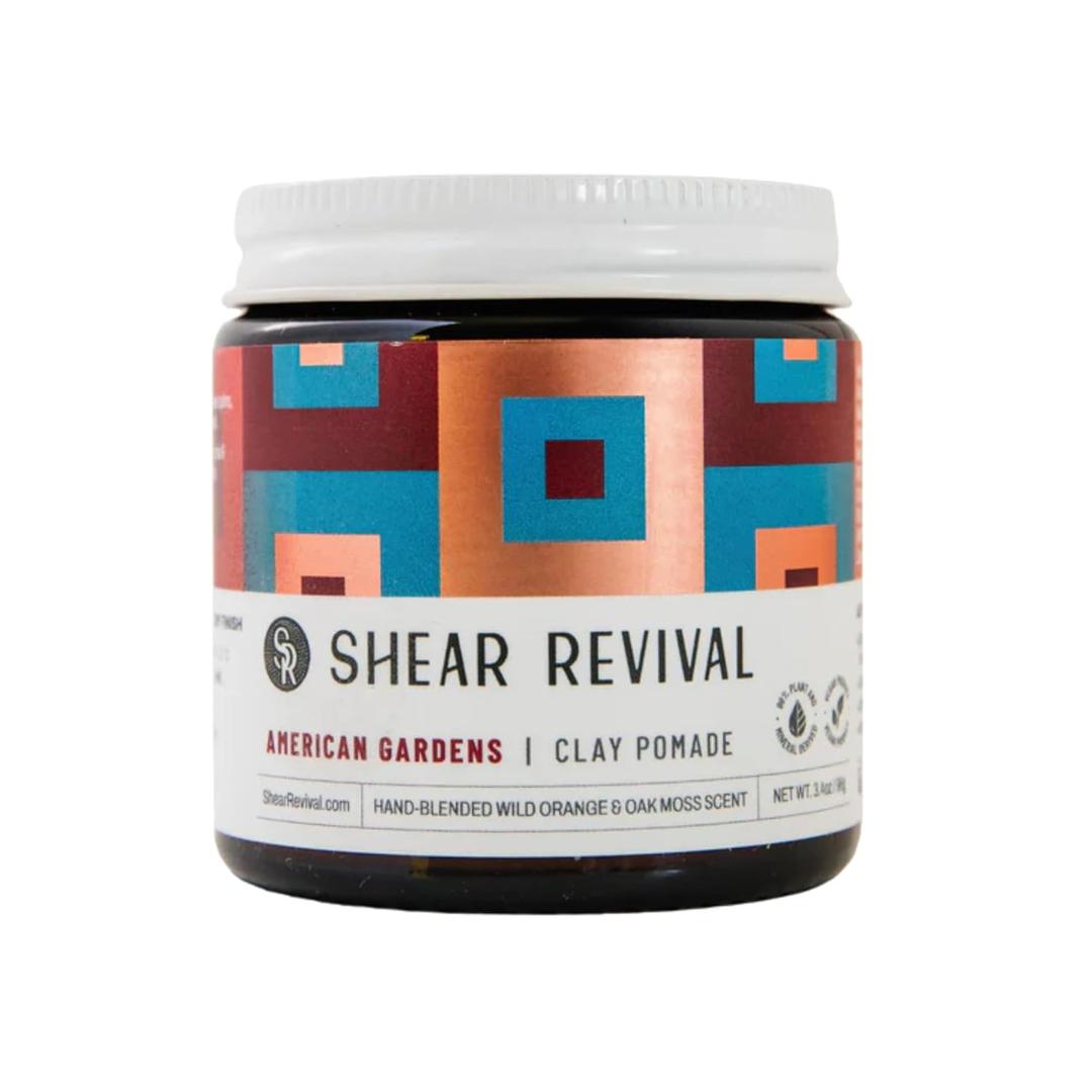 Shear Revival American Gardens Clay Pomade for Men & Women - Vegan, Strong Hold, Matte Dry Finish for All Hair Types, 99% All Natural Ingredients, Orange & Oakmoss Scent, Travel Friendly 3.4oz