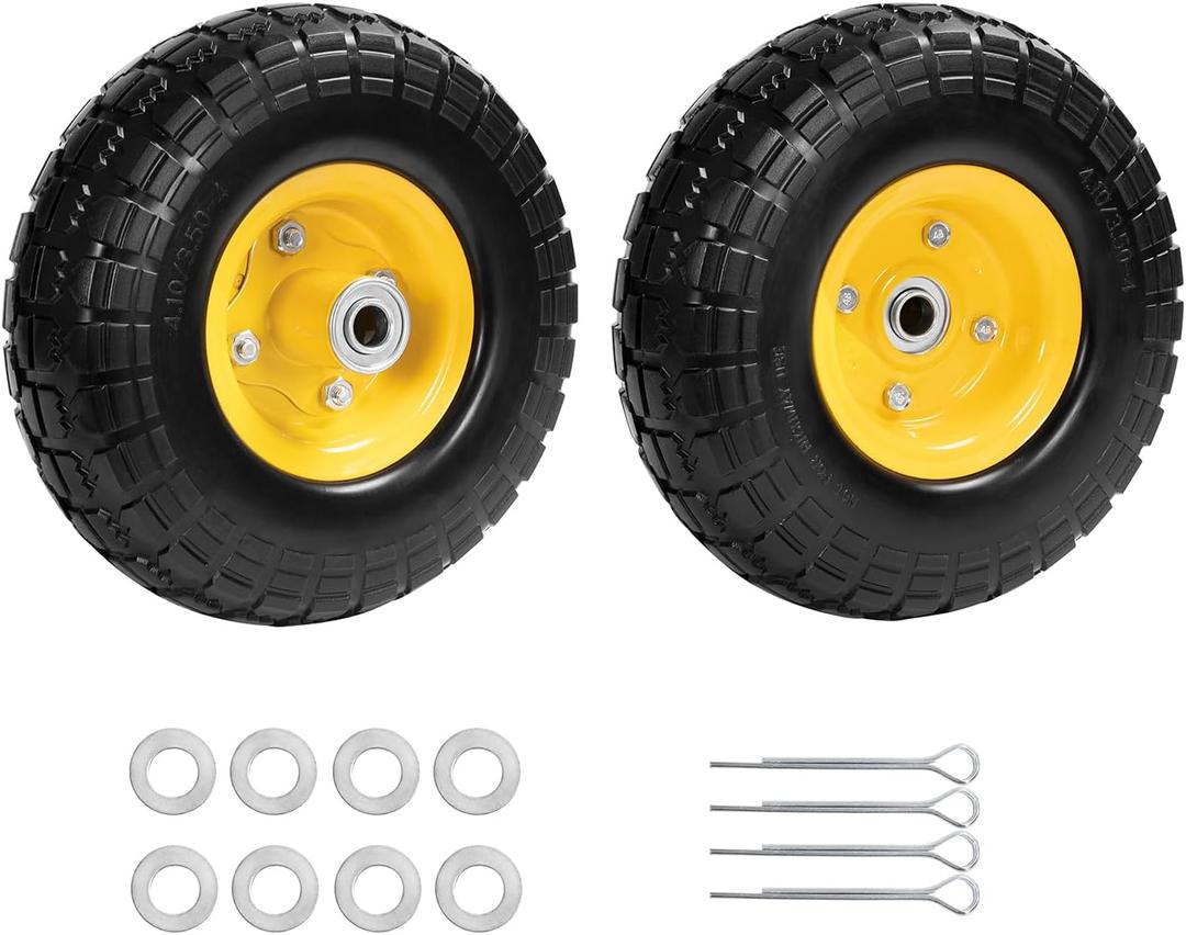 4.10/3.50-4 tire and wheel flat free, 10 Inch Solid Rubber Tire with 5/8" Bearings 2.1" Offset Hub For Hand Truck Garden Cart Wagon Trolley Dolly Wheels(2 Pack)