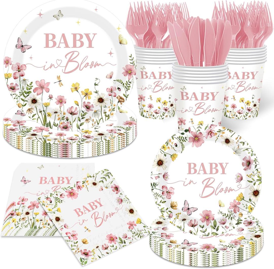 Baby in Bloom Baby Shower Decorations Tableware - 144pcs Baby in Bloom Plate and Wildflower Napkins, Floral Spring Themed for Wildflower Baby Shower Decorations Supplies (Pink)