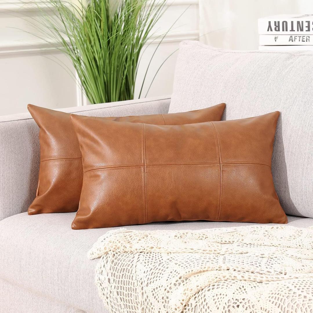 MANDIOO Set of 2 Classic Plaid Faux Leather Decorative Lumbar Throw Pillow Covers,Hand Stitched Modern Luxury Vegan Outdoor Cushion Cases Pillowcases for Couch Sofa Bed Farmhouse 12x20 Inches Brown (20" x 12" (Pack of 2))