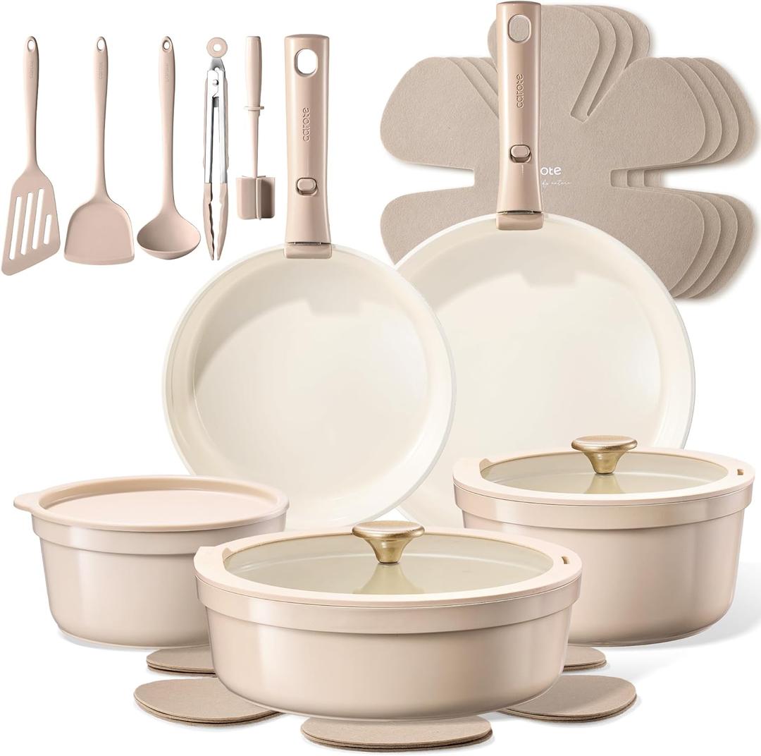CAROTE 19 Pcs Ceramic Cookware Set Titanium Nonstick with Detachable Handles, Non Toxic Cookware, Pots and Pans Set Non Stick Removable Handles, Induction, Kitchen Cooking, Dishwasher Safe