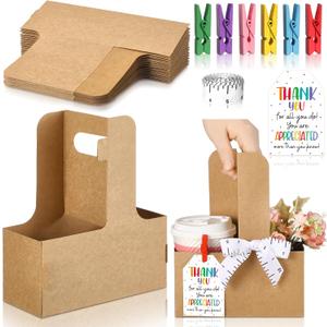 AmazingSpark 18 Set Teacher Appreciation Gifts Thank You 2 Cup Drink Carrier with Handle Kraft Paperboard Cup Holder with Clips Labels for Teacher Back to School Birthday Gifts(Thank You)