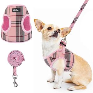 PUPTECK Soft Mesh Dog Harness and Leash Set Step-in Plaid Puppy Padded No Pull Vest Harness for XS Small Medium Sized Dogs Cats Outdoor Walking, Pink S