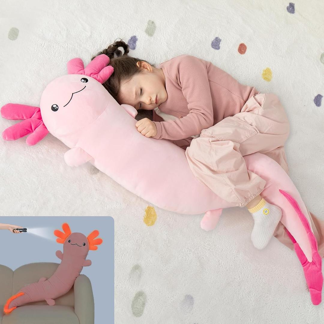 MaoGoLan Giant Axolotl Plush Body Pillow for Girls, Hot Pink Axolotl Stuffed Animal for Kids Adults, Large Salamander Plush Glow in The Dark, Holiday Birthday Christmas Valentines Gifts