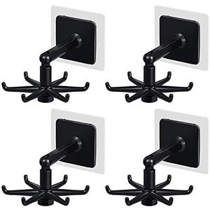 365Home Hanging Utensil Holder Hooks Kitchen Utensil Hanger Wall Mount 360 Degrees Rotating Folding Hook Self Adhesive Hook Utensil Rack with 6 Hooks for Kitchen Bathroom Cabinet (4 Black)