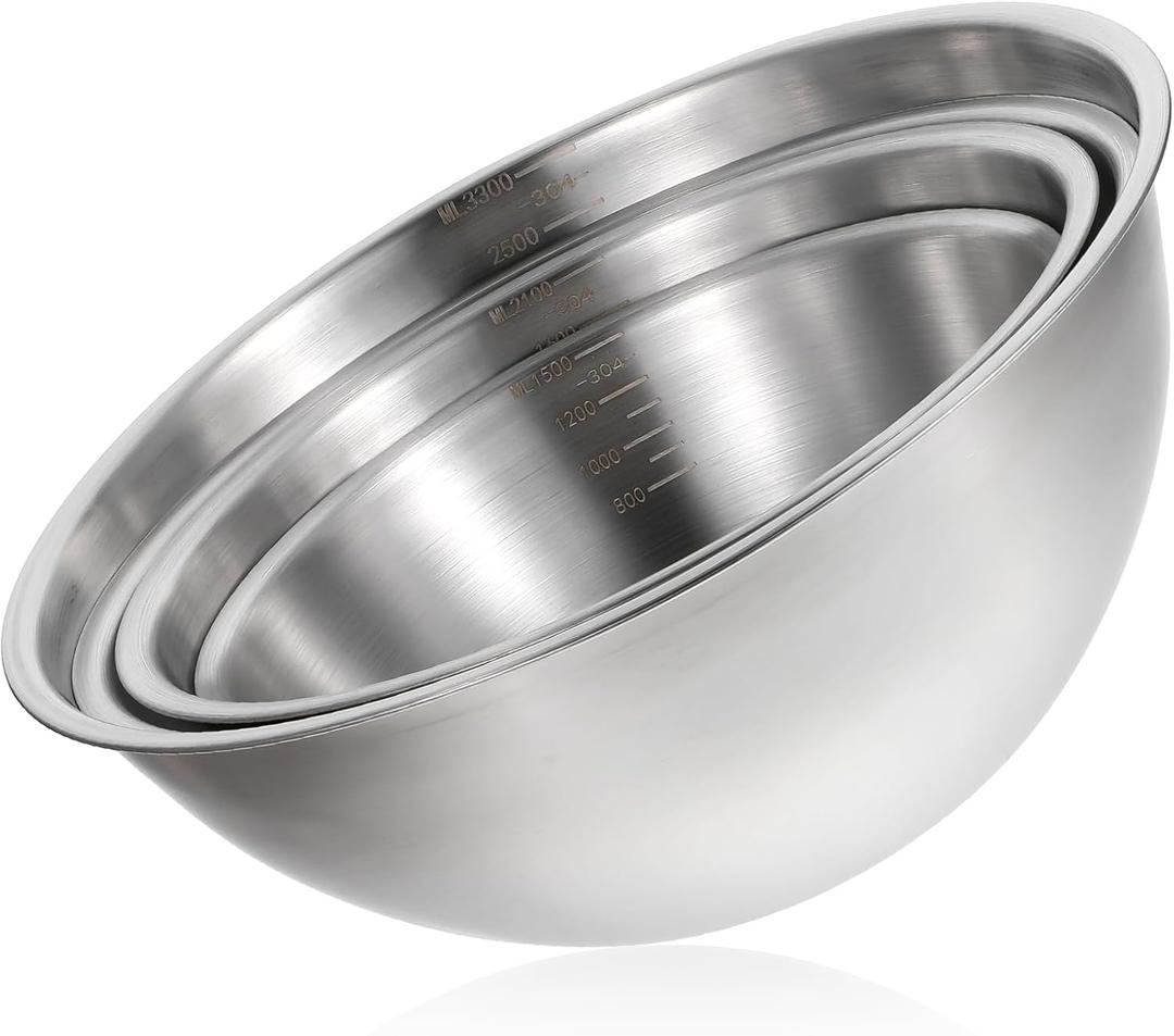 4 Packs Stainless Steel Mixing Bowls Nesting Baking Supplies Small Thicker Stainless Steel Flat Bottom Stackable Salad Bowl Mixing Bowls Set for Cooking, Baking, Salad,Serving(1500/2100/2500/3300ML)