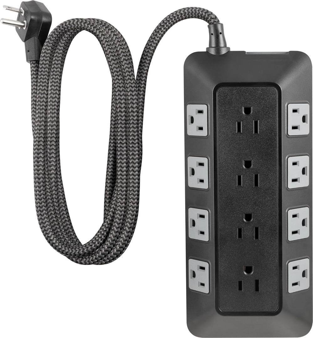GE UltraPro Adapt 12-Outlet Surge Protector, 6ft Braided Heavy Duty Extension Cord, Flat Plug Power Strip, 3540 Joules, Black, 74542