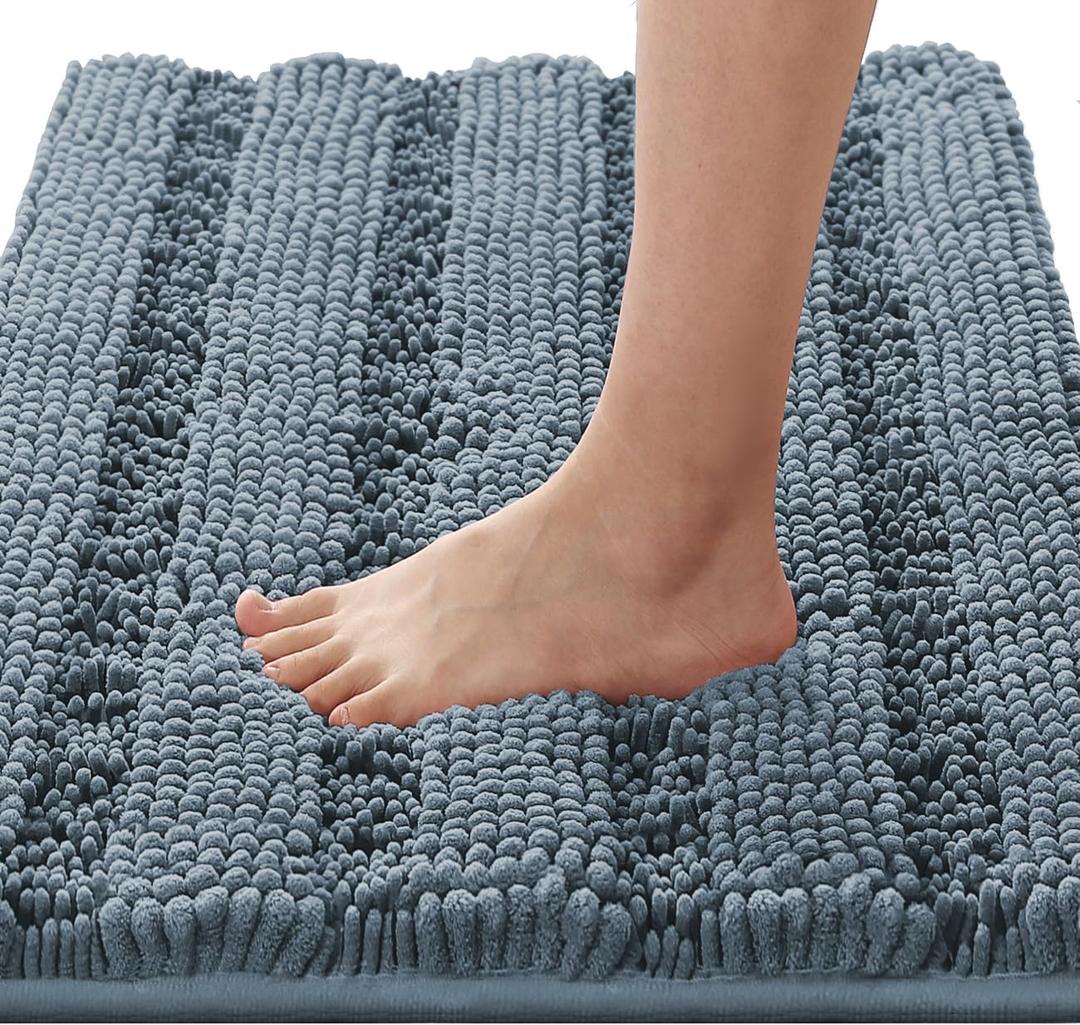 H.VERSAILTEX Bath Mats for Bathroom Non Slip Luxury Chenille Striped Bath Rug Absorbent Non Skid Fluffy Soft Shaggy Rugs Washable Plush Carpet Mats for Bath Room, Tub (20" x 32", Stone Blue)