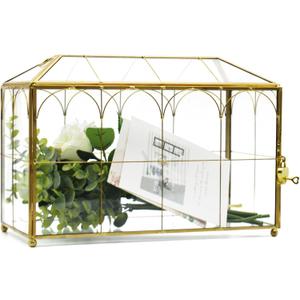 Large Gold and Glass Card Box for wedding with Lock and Slot - Wedding Envelope Card Holder for Reception Clear Lock Box with Key Geometric Handmade Vintage Card Box for Wedding Party