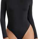 Avidlove Women's Crew Neck Long Sleeve Bodysuits Basic Slim Tops Double Lined Thong Bodysuit (Medium, Black)