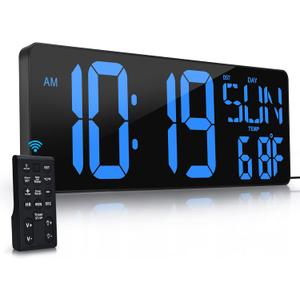 Large Digital Wall Clock with Remote Control 17.2" LED Large Display Timer with Temperature Date Week Auto DST Adjustable Brightness, Big Wall Alarm Clock for Living Room Office Garage Gym Seniors