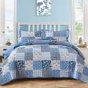 Mybedsoul Blue Boho Quilt Set Queen Size,3 Pieces Plaid Floral Bedspread Coverlet Set for All Season,Patchwork Reversible Bedding Set Queen 90"x96"