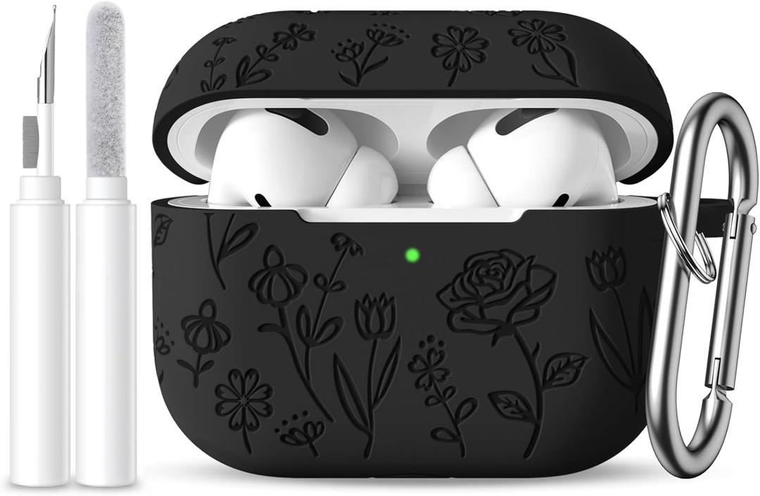 for AirPods Pro 2nd/1st Case with Cleaner Kit,Cute Rose Flower Engraved Soft Silicone Protective Compatible with Apple AirPods Pro 2/Airpod Pro Case Cover with Keychain,Front LED Visible,Black