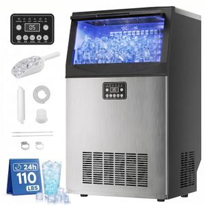 Uthfy Commercial Ice Maker 110lbs/24H, Stainless Steel Under Counter Ice Machine, 36 Ice Cubes in 14 Mins, 33lbs Storage, Self-Clean & Water Filter, Freestanding Ice Machine for Home Bar,Cafe,ETL