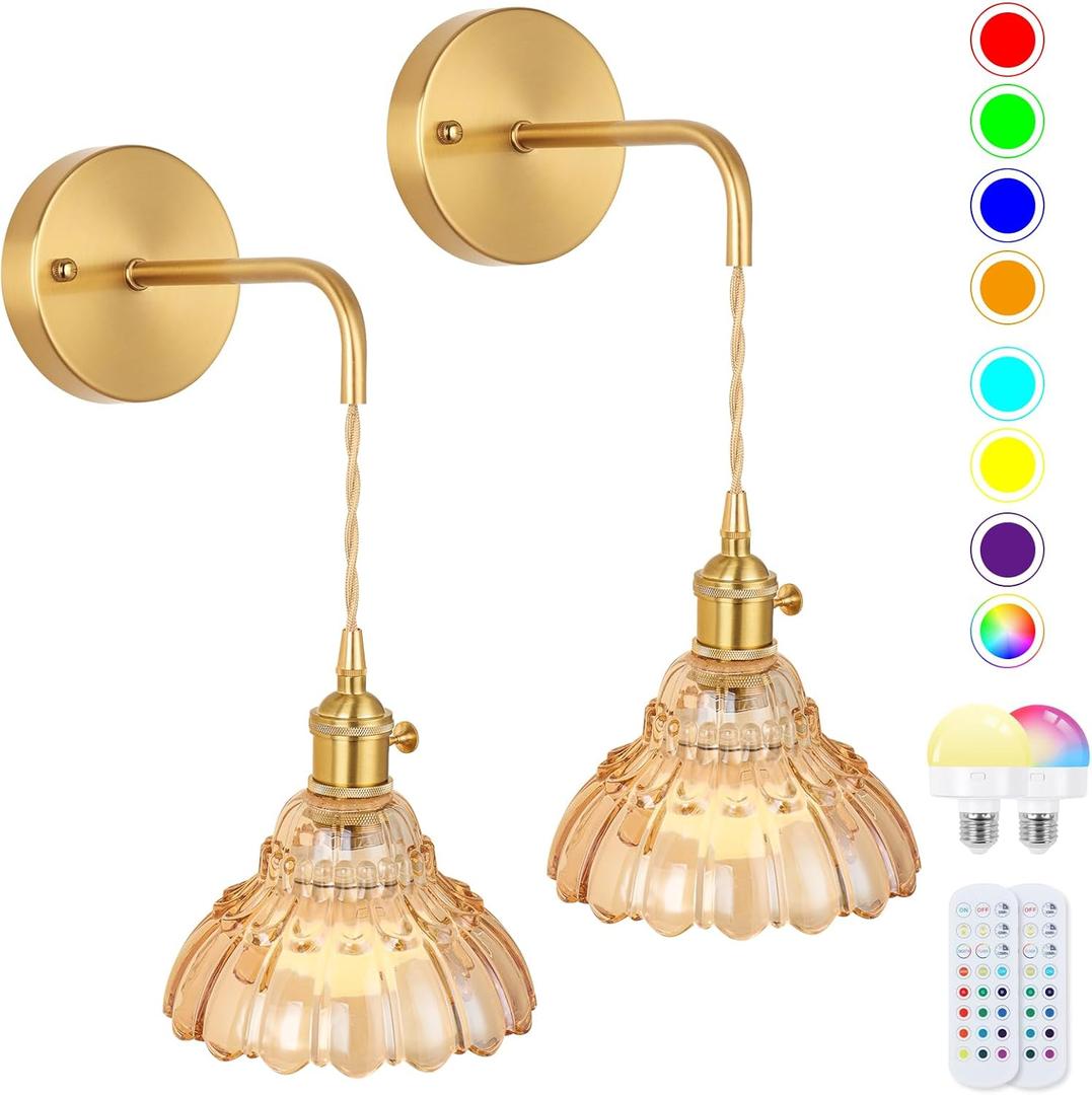 Vintage Wall Sconce Set of Two, Battery Operated Wall Sconces with Amber Glass Lampshade, Wireless Wall Sconces, Rechargeable Wireless RGB Wall Lights for Bedroom Living Room etc, 20 inches