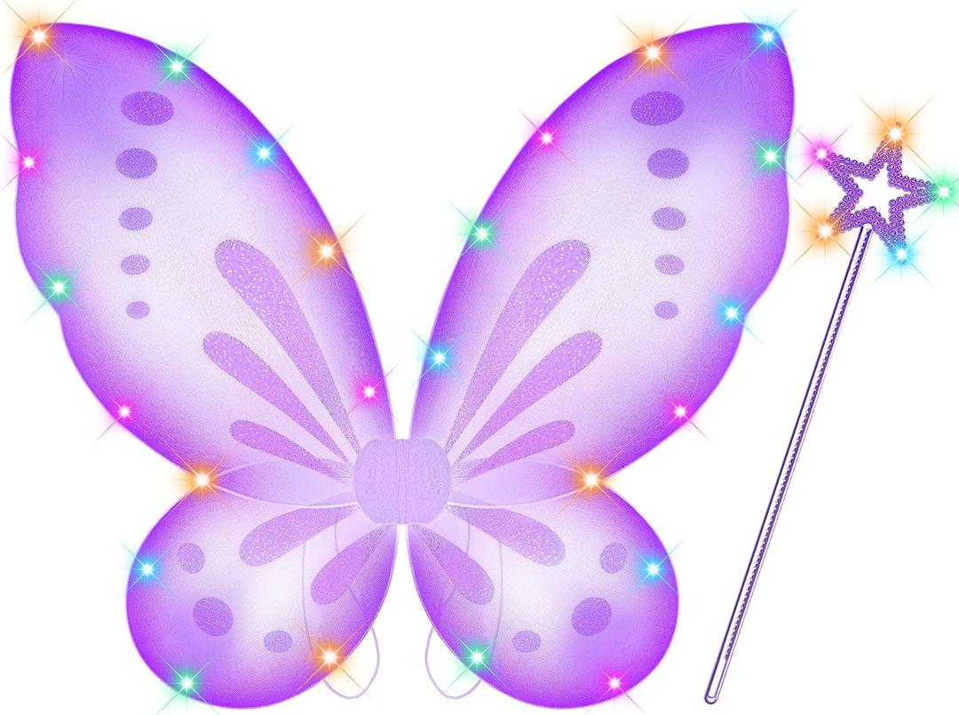 DUDUCOFU Girls Fairy Butterfly Wings with LED Light, Fairy Wings Light Up Star Wands for Girls Kids Women Halloween Dress Up (Purple)