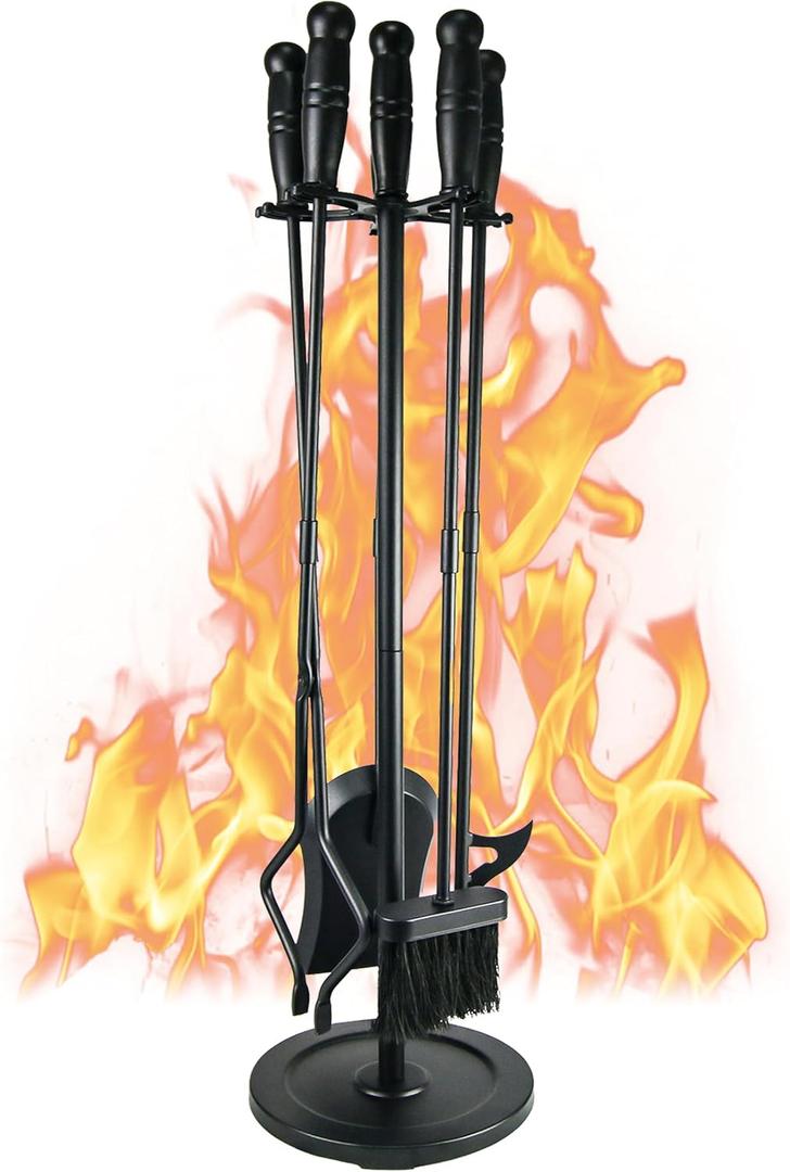 Tomersun Fireplace Tools 5 Pcs 31.5In Fireplace Tool Set Indoor Fireside Accessories Large Fire Place Tools Set Outdoor Fireplace Kit with Poker Shovel Tongs Brush, Stand