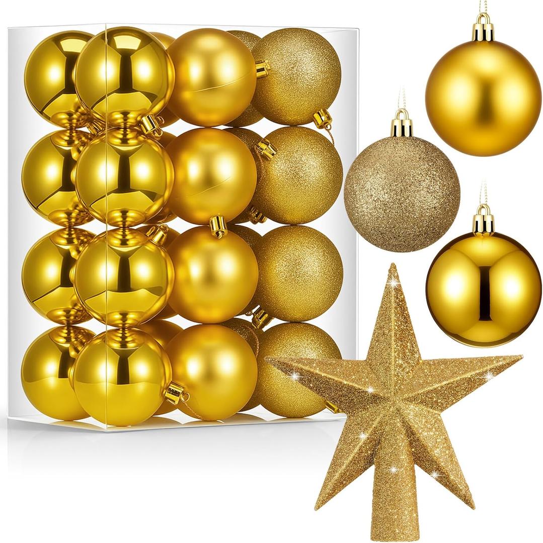 25 Pcs Mini Christmas Balls Ornaments Set 2.36 Inch Christmas Day Ball Topper Star Tree Hanging Ornaments for Party Decoration(Gold)