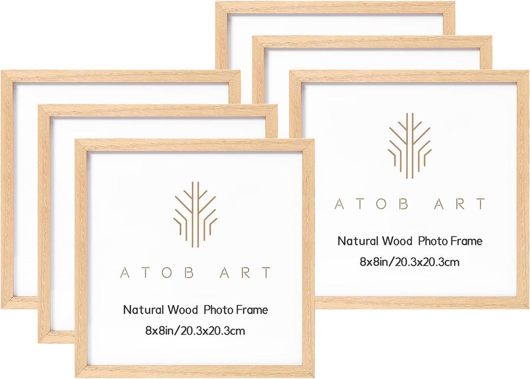 ATOBART 8x8 Picture Frames Solid Wood, 6 Pack OAK Photo Frame Set with Real Glass Cover, Natural Wood Color Frames, for Wall Mounting or Tabletop Display