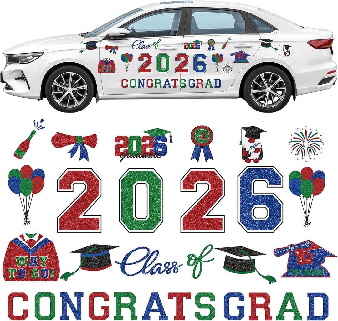 2026 Graduation Car Magnets Decorations Congrats Grad Car Magnets Stickers Mixed Colors Graduation Car Decorations for Cars Metal Surface Fridge Garage Mailbox Graduation Party Supplies