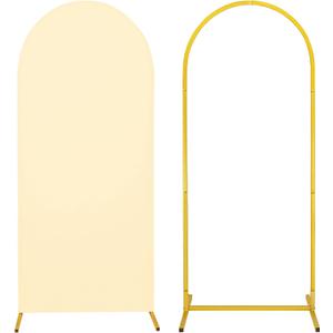 Metal Arch Stand and Cover Set,1 Beige Spandex Fitted Backdrop with 1 Gold Wedding Arched Stand Frame for Parties Birthday Baby Shower Bridal Banquet Decoration (4FT)
