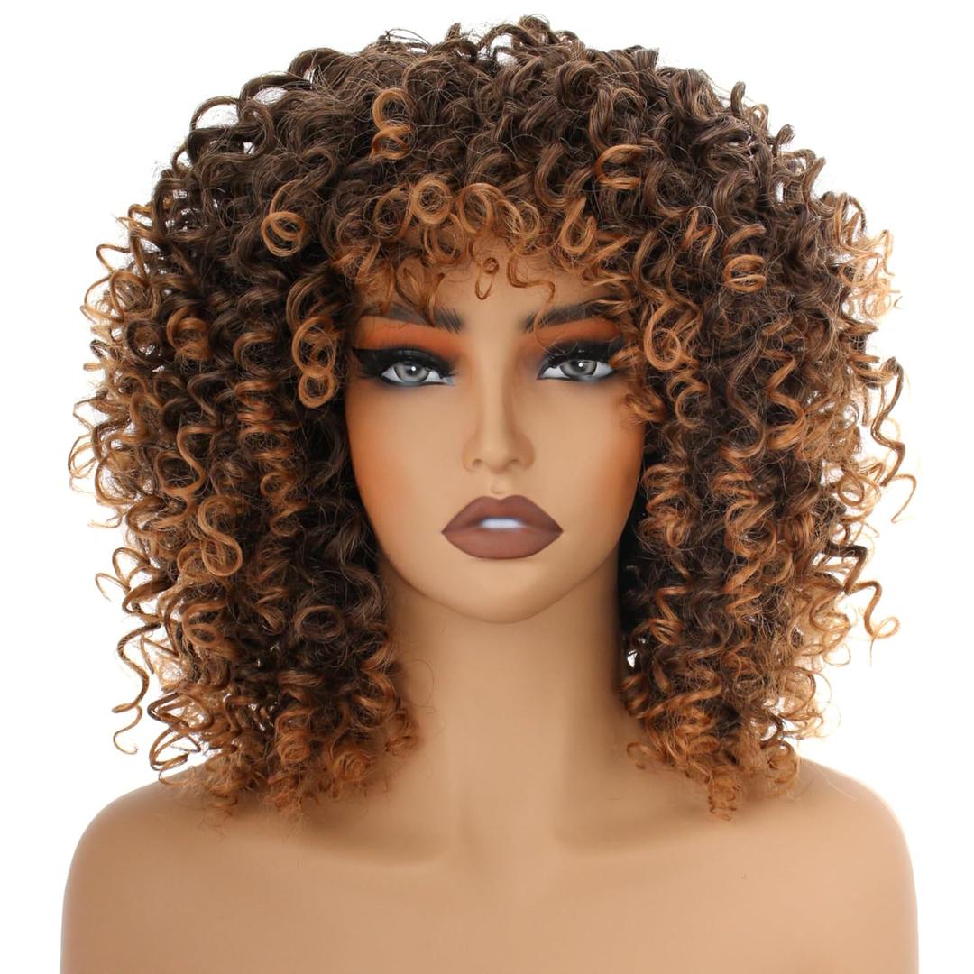 14inch Black/Brown Curly Wigs for Women,Short Kinky Afro Curly Wigs with Bangs Natural Soft Bouncy Fluffy Heat Resistant Synthetic Hair Wig 70s for Daily or Party