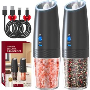 RECHARGEABLE - Gravity Electric Pepper and Salt Grinder Set, Adjustable Coarseness, With LED Light, One Hand Automatic Operation, 2 Pack-Black